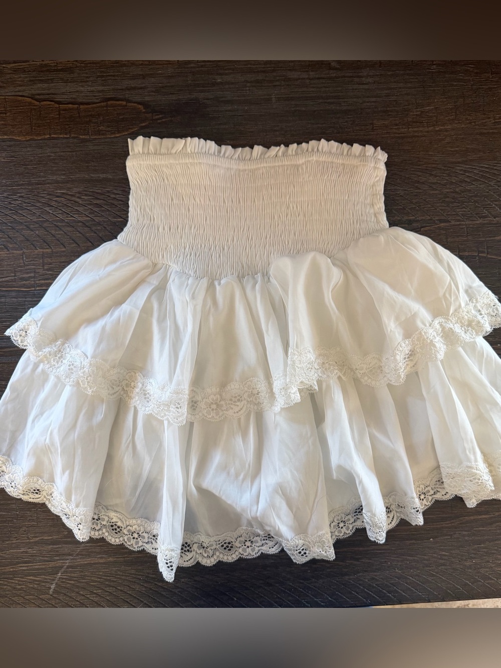 White Smocked Tiered Lace Mini Skirt